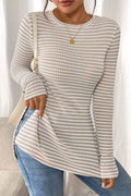 Jet Stream Striped Knit Side Slit Slim Round Neck Tunic Top - Crowned Energy CO.