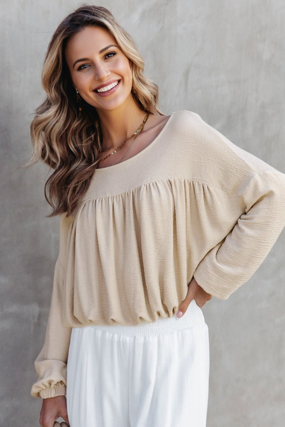 Jet Stream Textured Pleated Drop Shoulder Long Sleeve Knit Top - Crowned Energy CO.