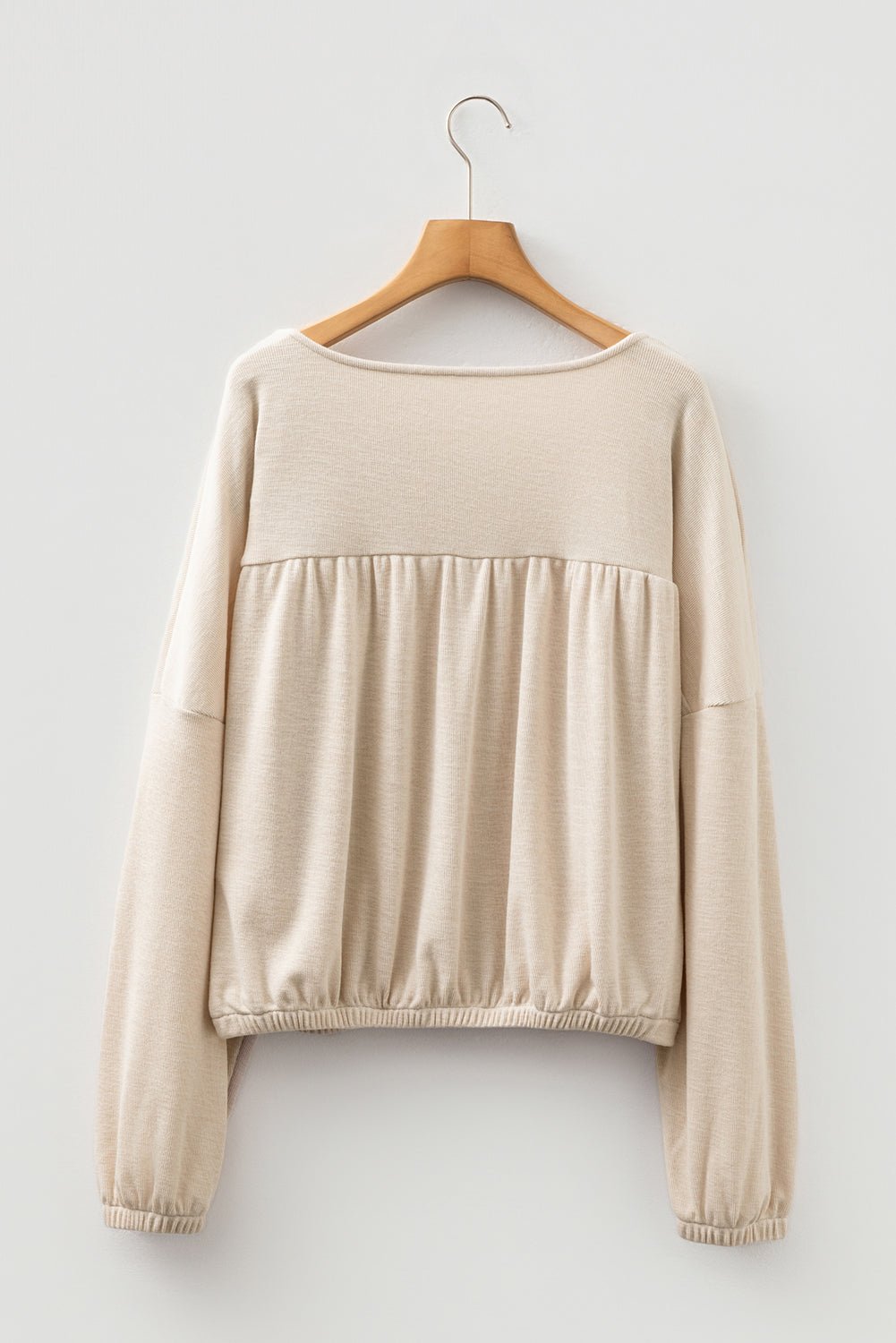 Jet Stream Textured Pleated Drop Shoulder Long Sleeve Knit Top - Crowned Energy CO.