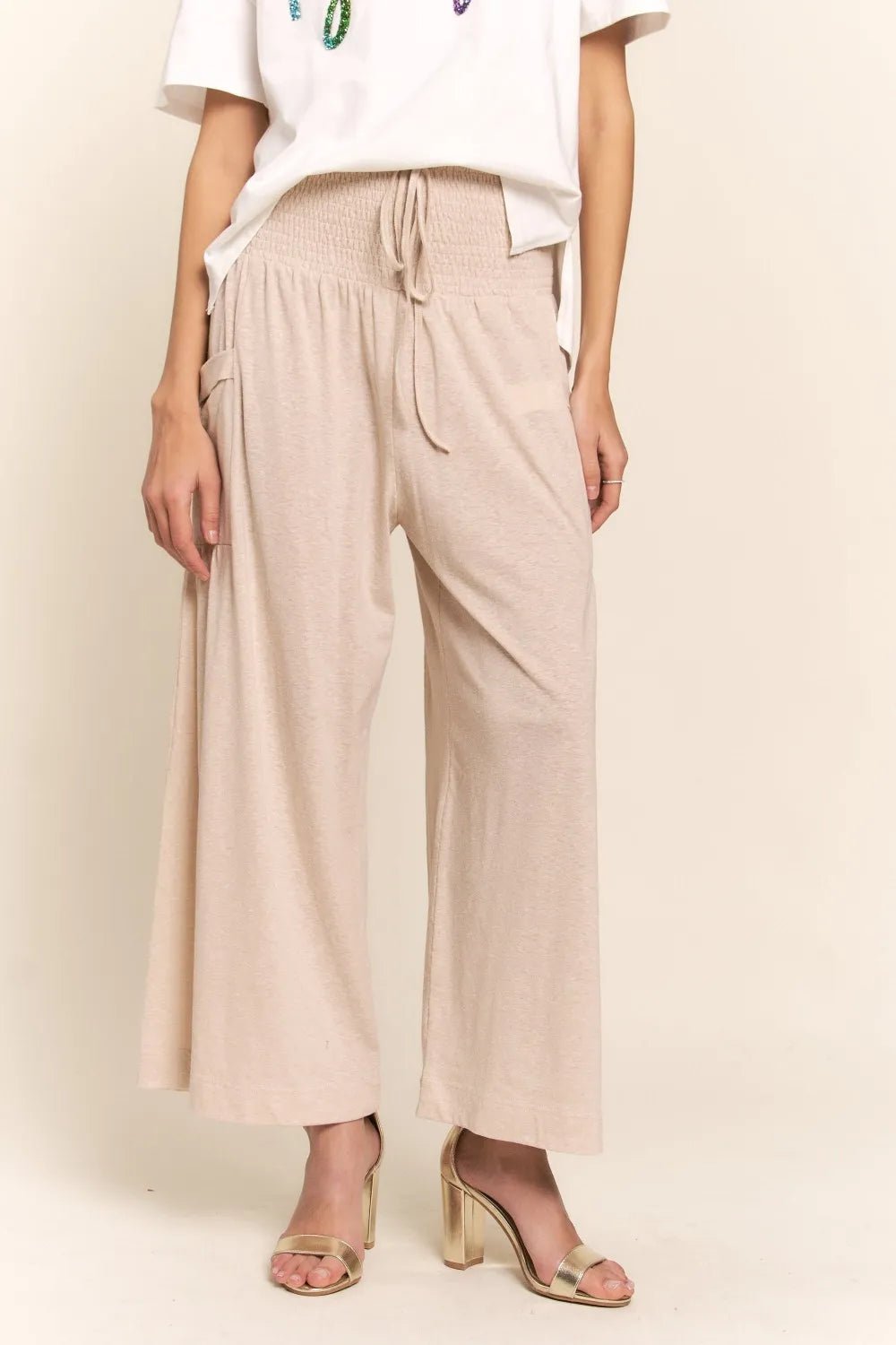 J.NNA Smocked Waist Boho Wide Leg Pants with Pockets - Crowned Energy CO.