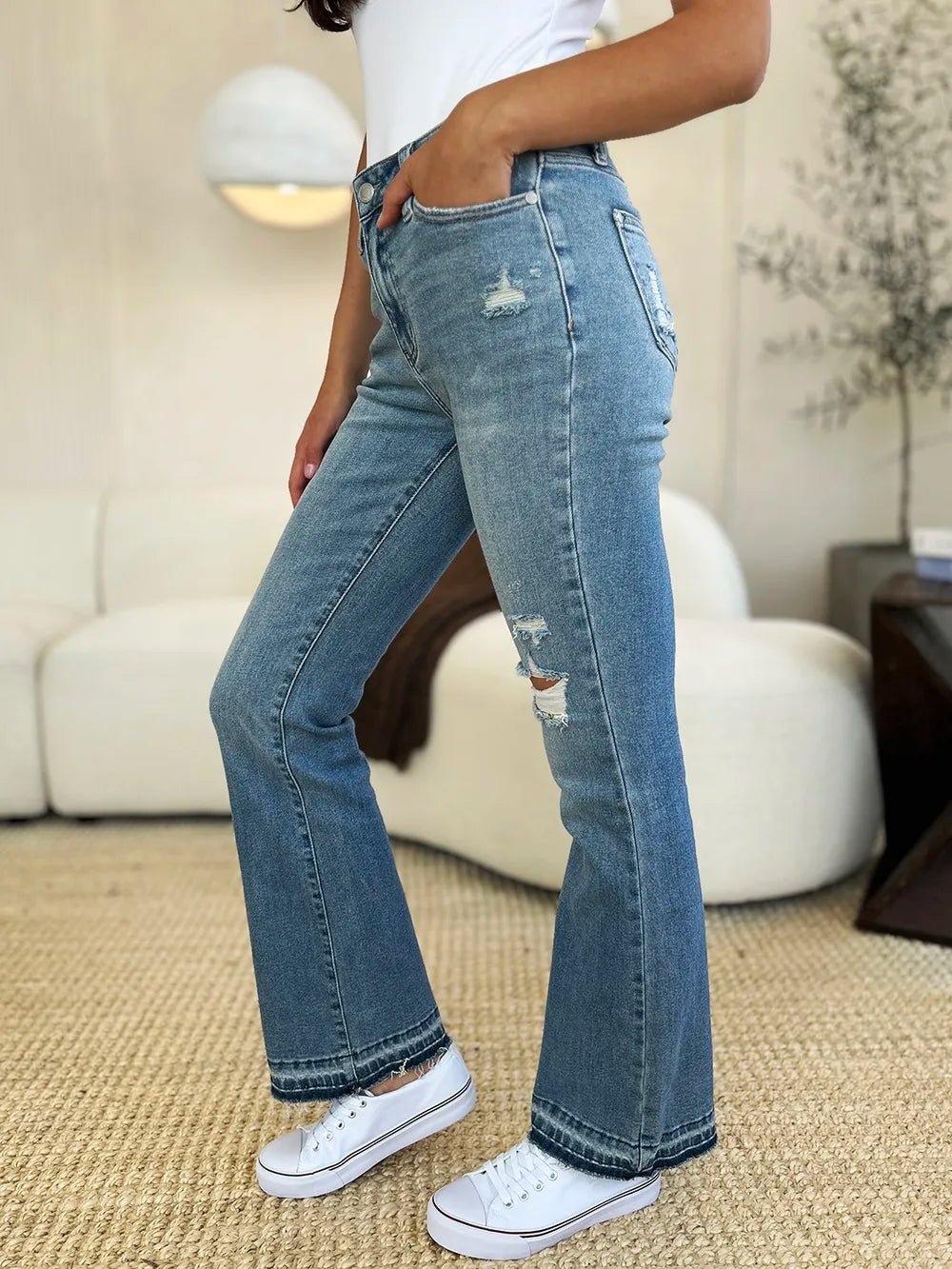 Judy Blue Full Size Mid Rise Destroyed Hem Distressed Jeans - Crowned Energy CO.