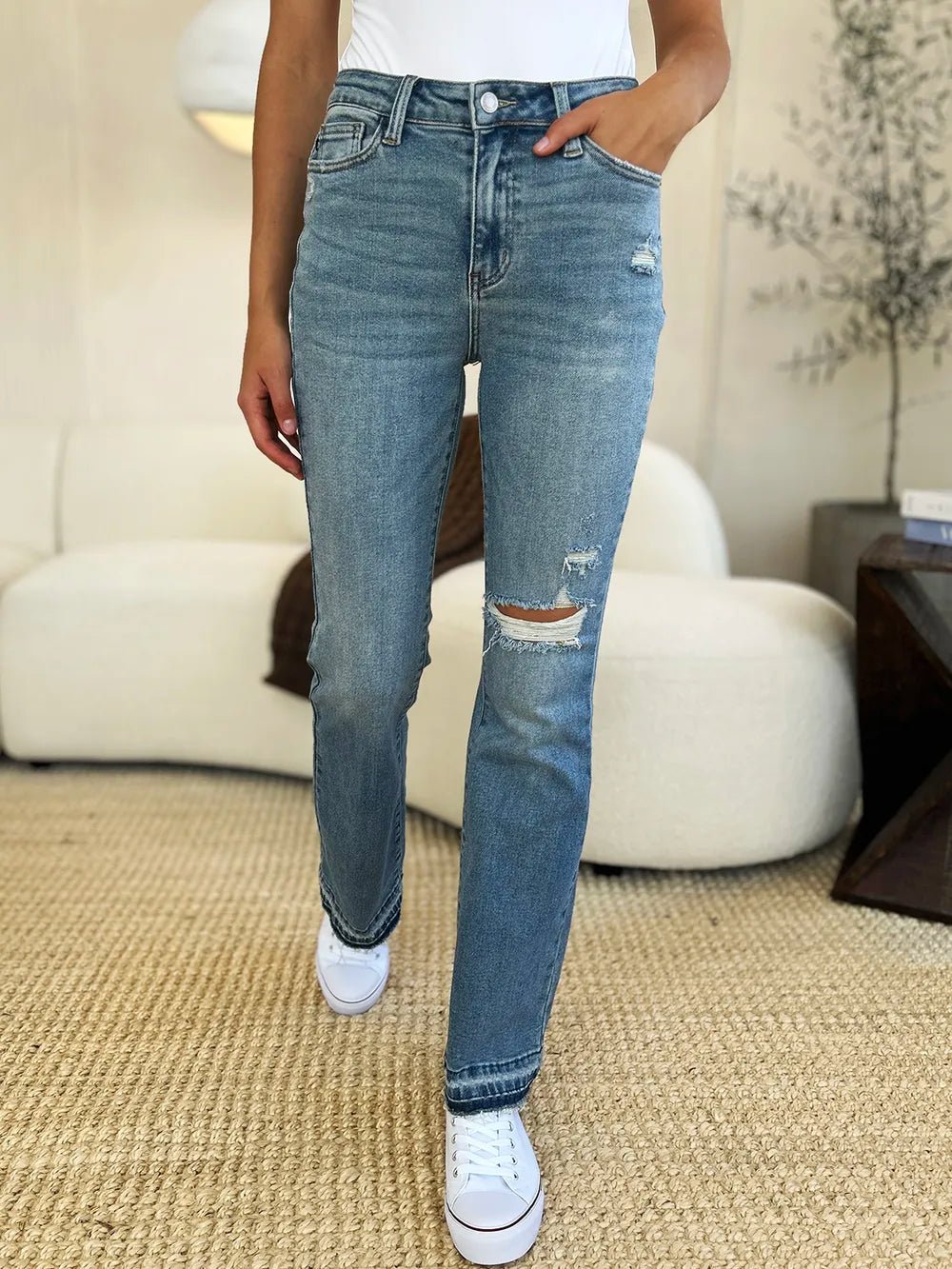 Judy Blue Full Size Mid Rise Destroyed Hem Distressed Jeans - Crowned Energy CO.