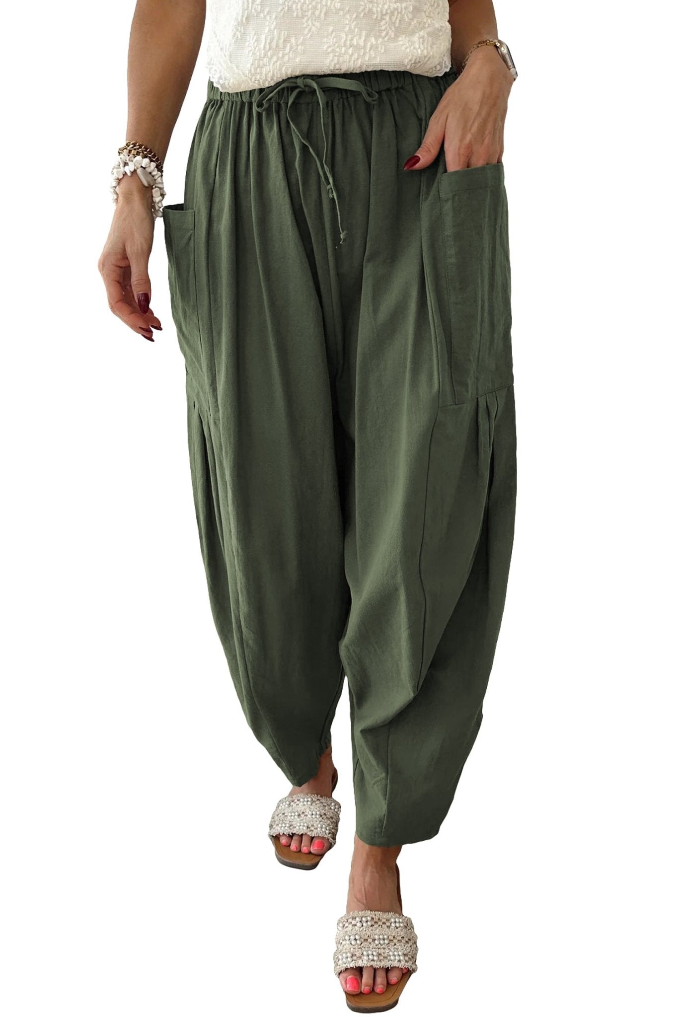 Jungle Green Drawstring Elastic Waist Patch Pocket Barrel Leg Casual Pants - Crowned Energy CO.