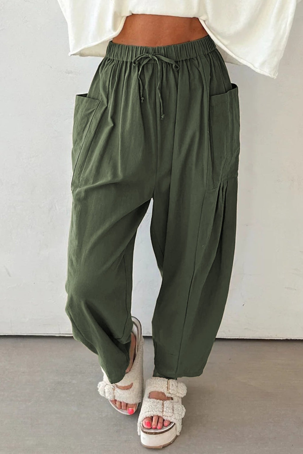 Jungle Green Drawstring Elastic Waist Patch Pocket Barrel Leg Casual Pants - Crowned Energy CO.