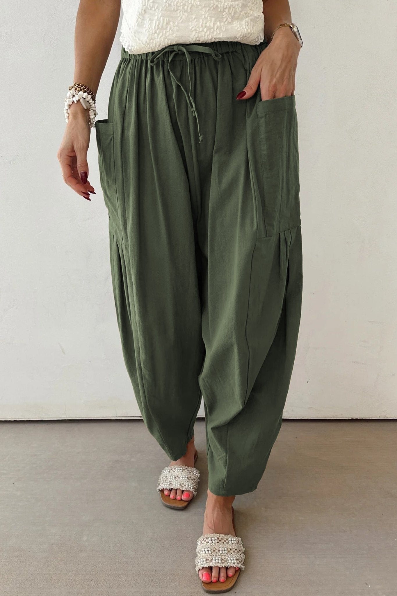 Jungle Green Drawstring Elastic Waist Patch Pocket Barrel Leg Casual Pants - Crowned Energy CO.