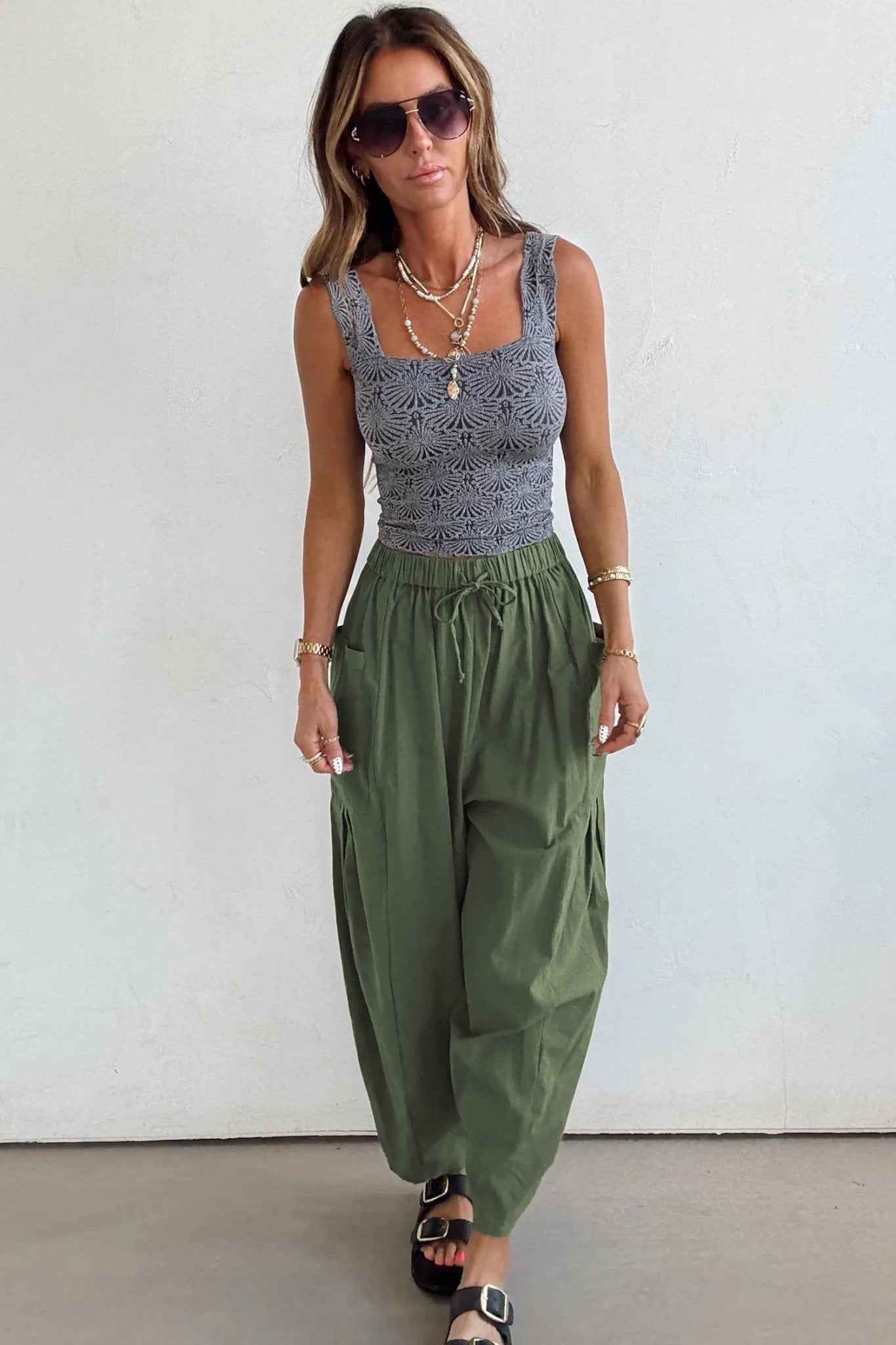 Jungle Green Drawstring Elastic Waist Patch Pocket Barrel Leg Casual Pants - Crowned Energy CO.