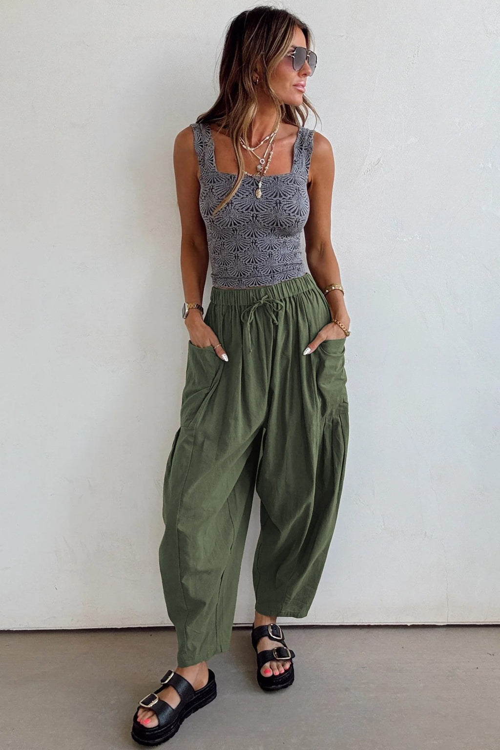 Jungle Green Drawstring Elastic Waist Patch Pocket Barrel Leg Casual Pants - Crowned Energy CO.