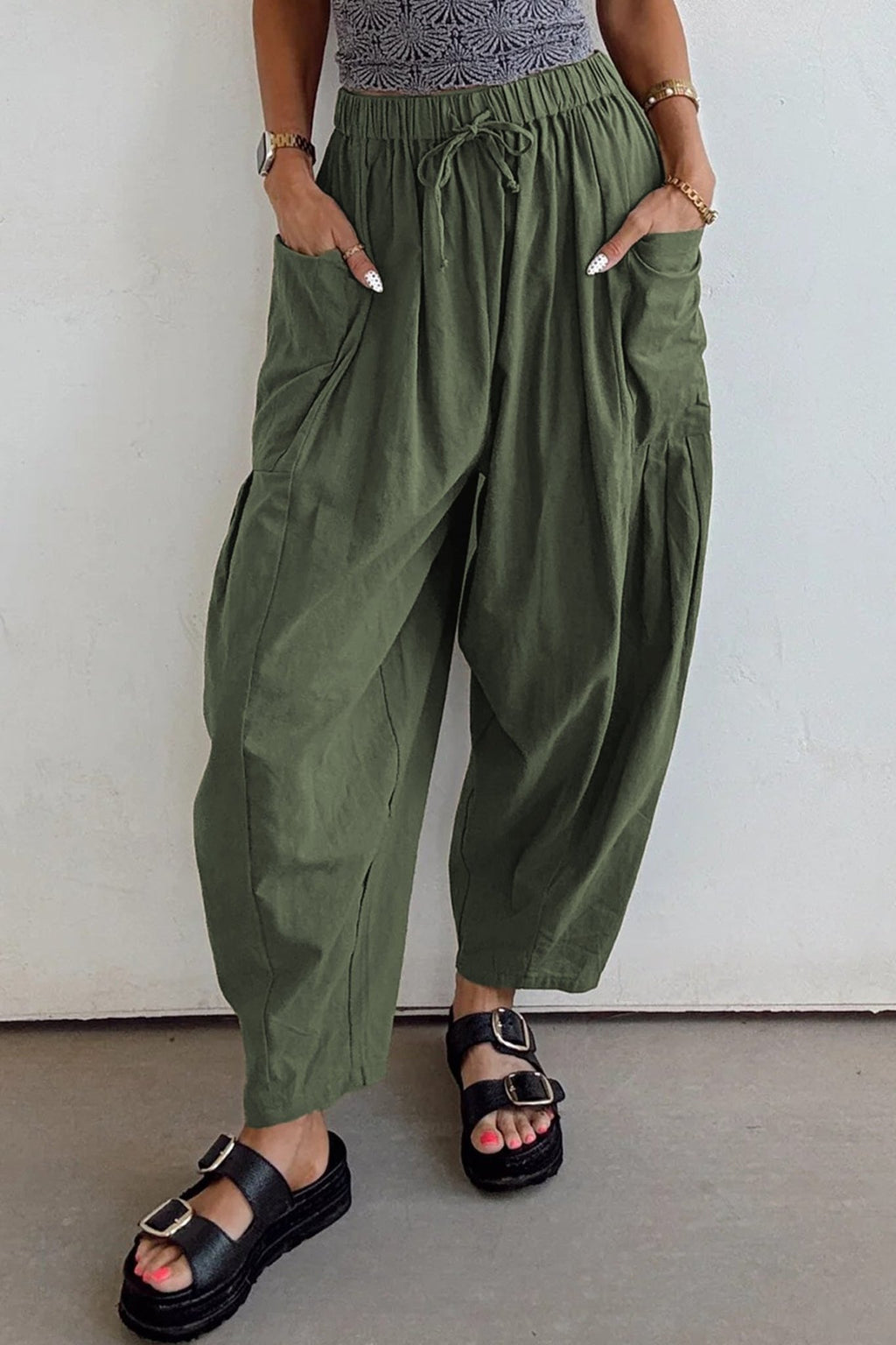 Jungle Green Drawstring Elastic Waist Patch Pocket Barrel Leg Casual Pants - Crowned Energy CO.