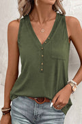 Crowned Energy CO. Jungle Green / S / 65%Polyester+30%Cotton+5%Elastane Dear-Lover Dropshipping Tops/Tank Tops Jungle Green Half Button V Neck Patched Pocket Tank Top