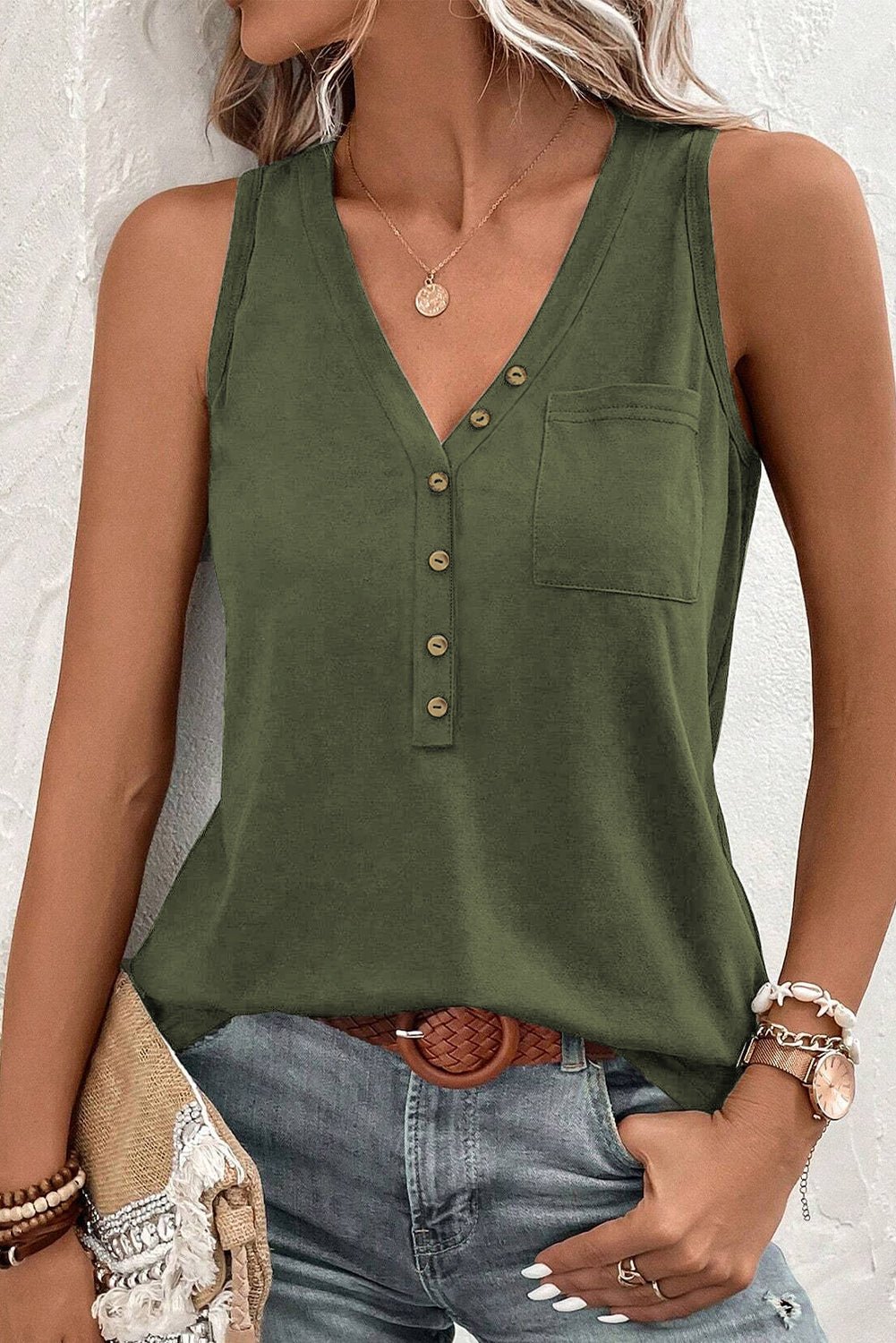 Crowned Energy CO. Jungle Green / S / 65%Polyester+30%Cotton+5%Elastane Dear-Lover Dropshipping Tops/Tank Tops Jungle Green Half Button V Neck Patched Pocket Tank Top