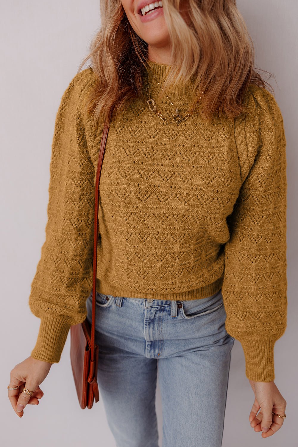 Jurassic Gold Hollow Out Crochet Ribbed Edge Balloon Sleeve Sweater - Crowned Energy CO.