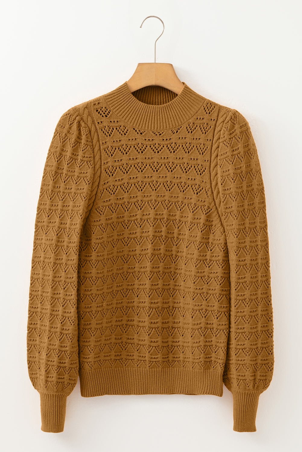 Jurassic Gold Hollow Out Crochet Ribbed Edge Balloon Sleeve Sweater - Crowned Energy CO.