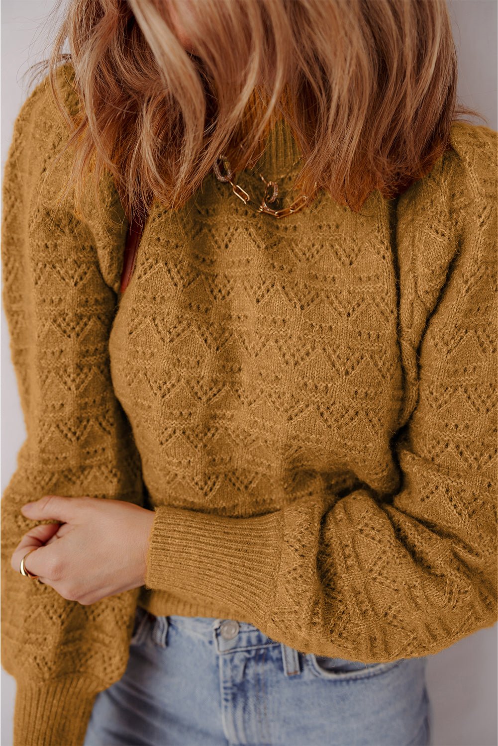 Jurassic Gold Hollow Out Crochet Ribbed Edge Balloon Sleeve Sweater - Crowned Energy CO.