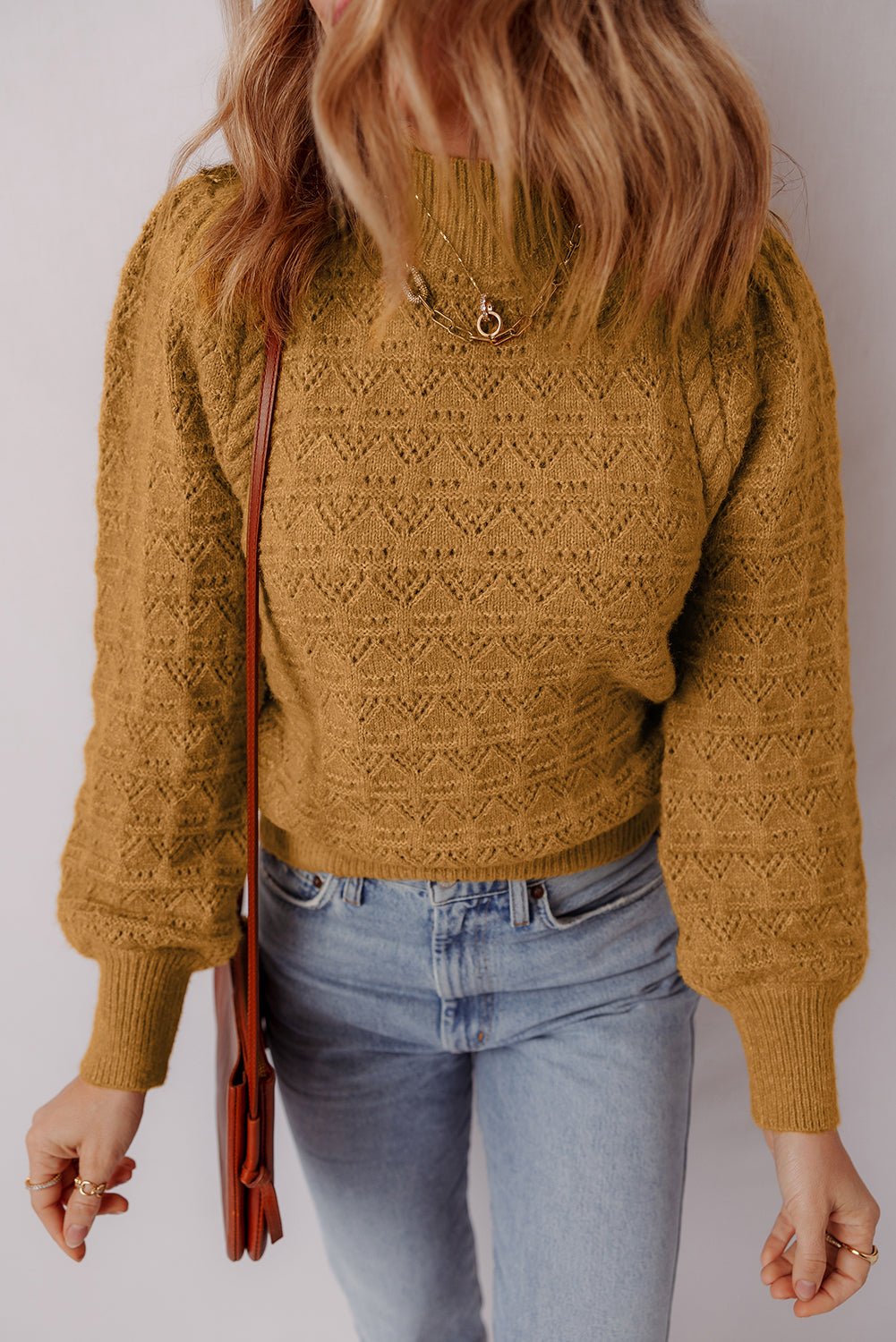 Jurassic Gold Hollow Out Crochet Ribbed Edge Balloon Sleeve Sweater - Crowned Energy CO.