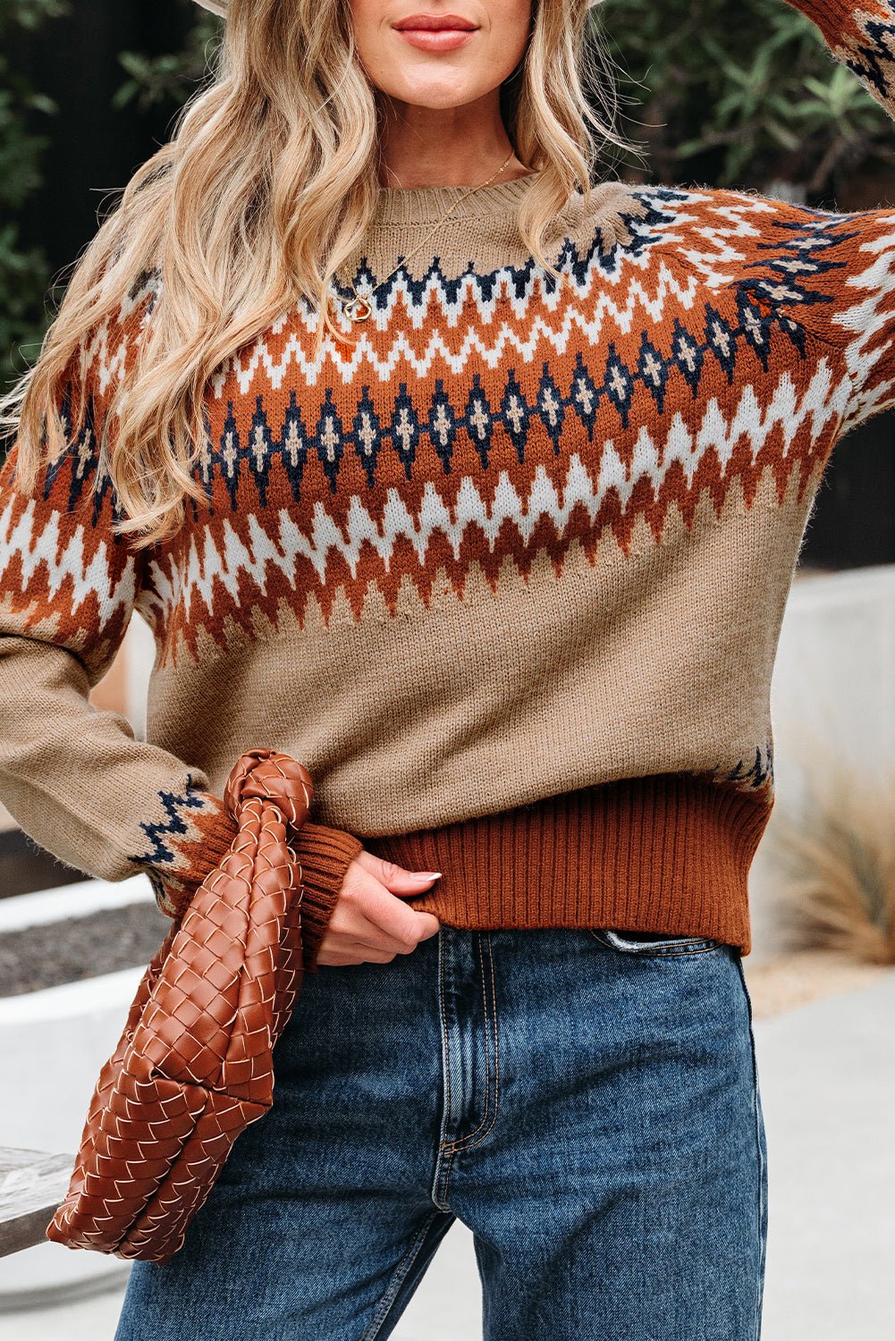 Khaki Aztec Print Colorblock Crew Neck Sweater - Crowned Energy CO.