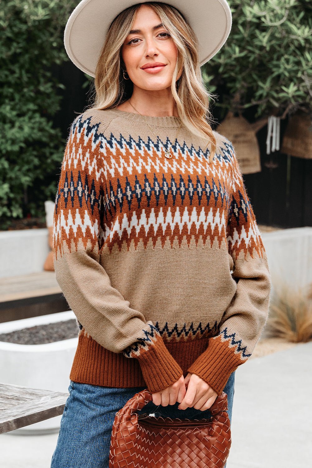 Khaki Aztec Print Colorblock Crew Neck Sweater - Crowned Energy CO.