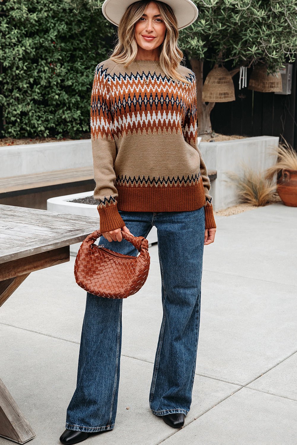 Khaki Aztec Print Colorblock Crew Neck Sweater - Crowned Energy CO.