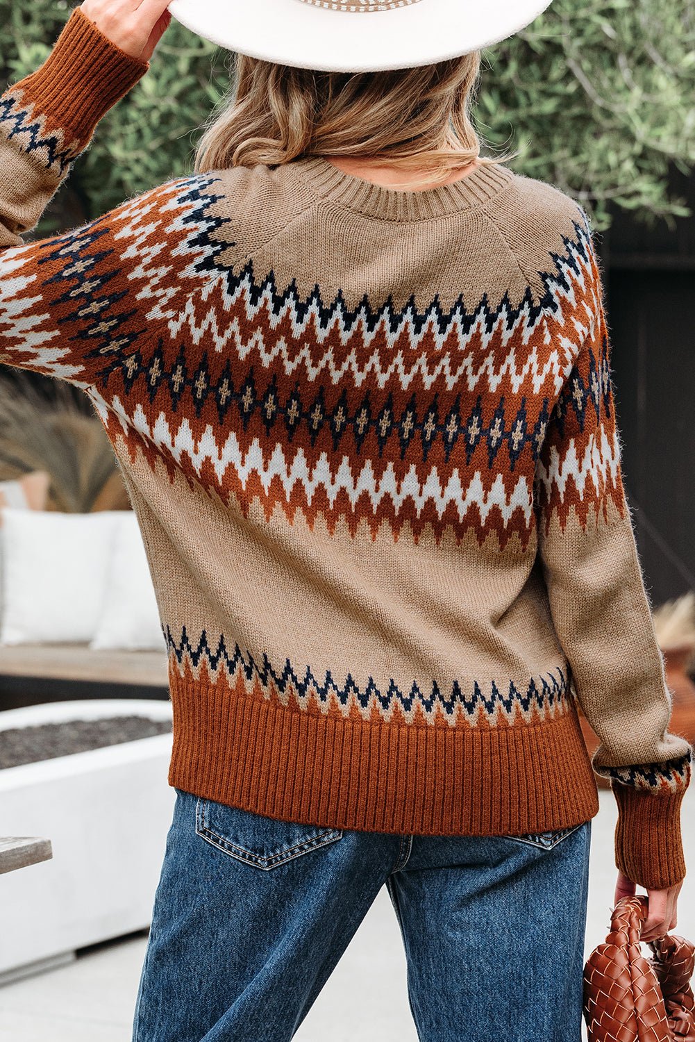 Khaki Aztec Print Colorblock Crew Neck Sweater - Crowned Energy CO.