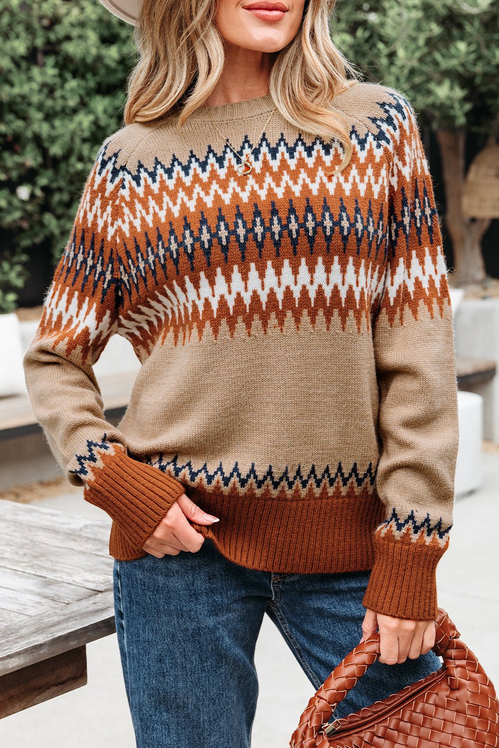 Khaki Aztec Print Colorblock Crew Neck Sweater - Crowned Energy CO.