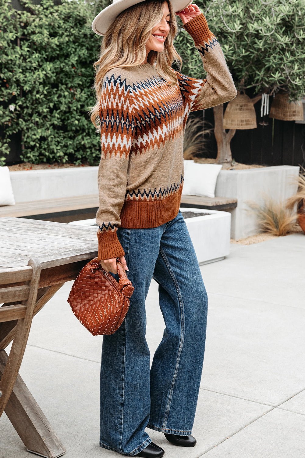 Khaki Aztec Print Colorblock Crew Neck Sweater - Crowned Energy CO.