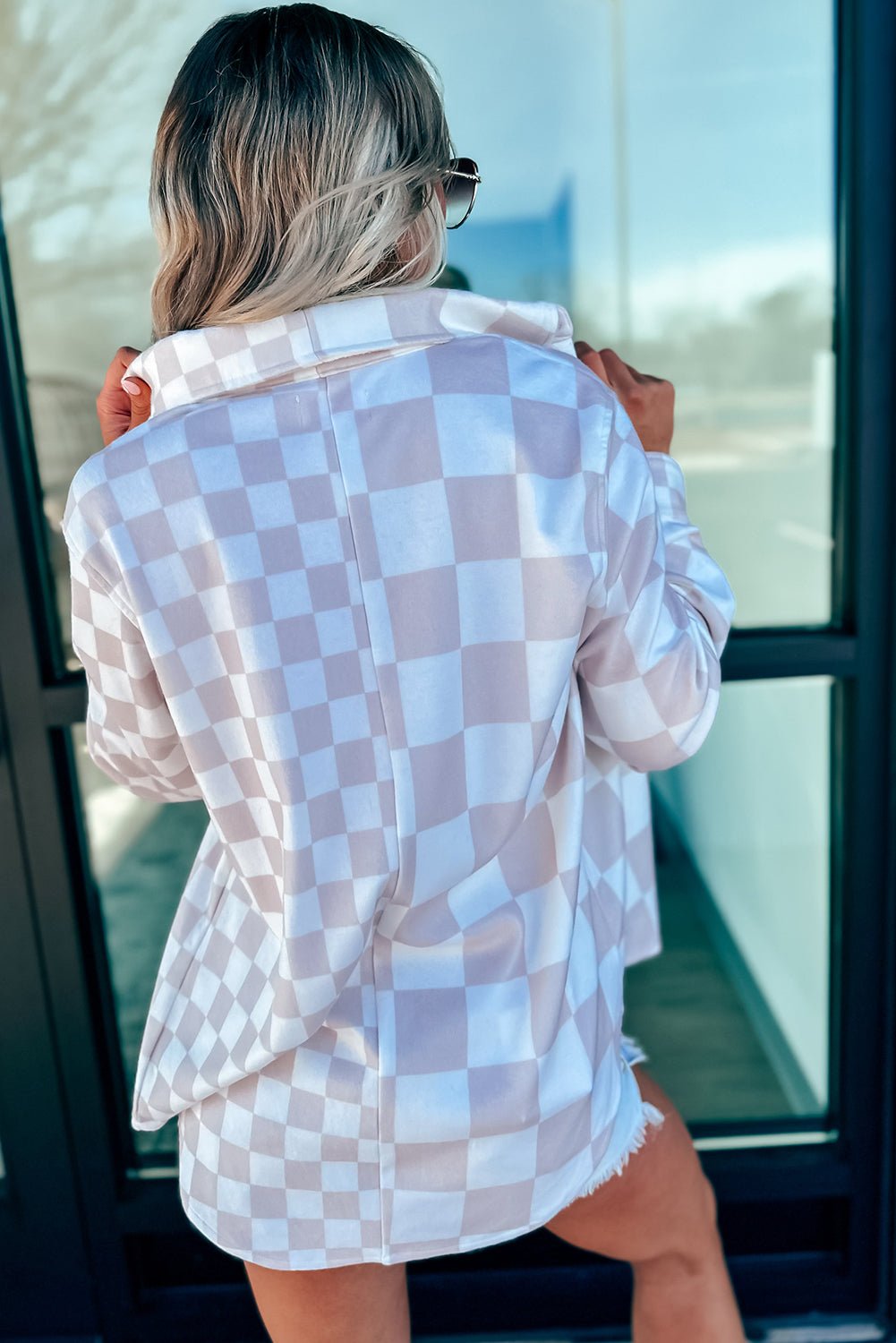 Khaki Checkerboard Flap Pocket Button Front Shacket - Crowned Energy CO.