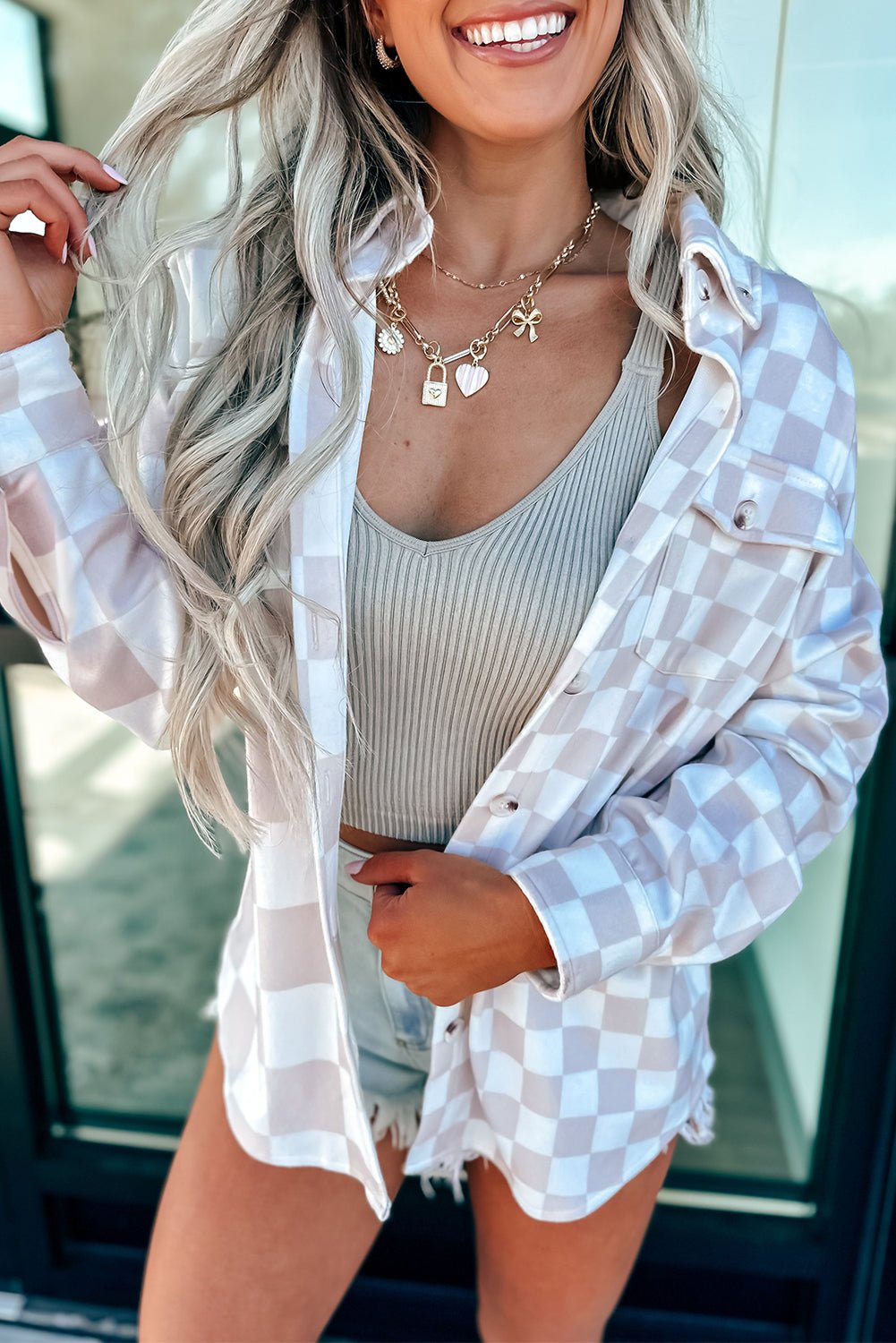 Khaki Checkerboard Flap Pocket Button Front Shacket - Crowned Energy CO.