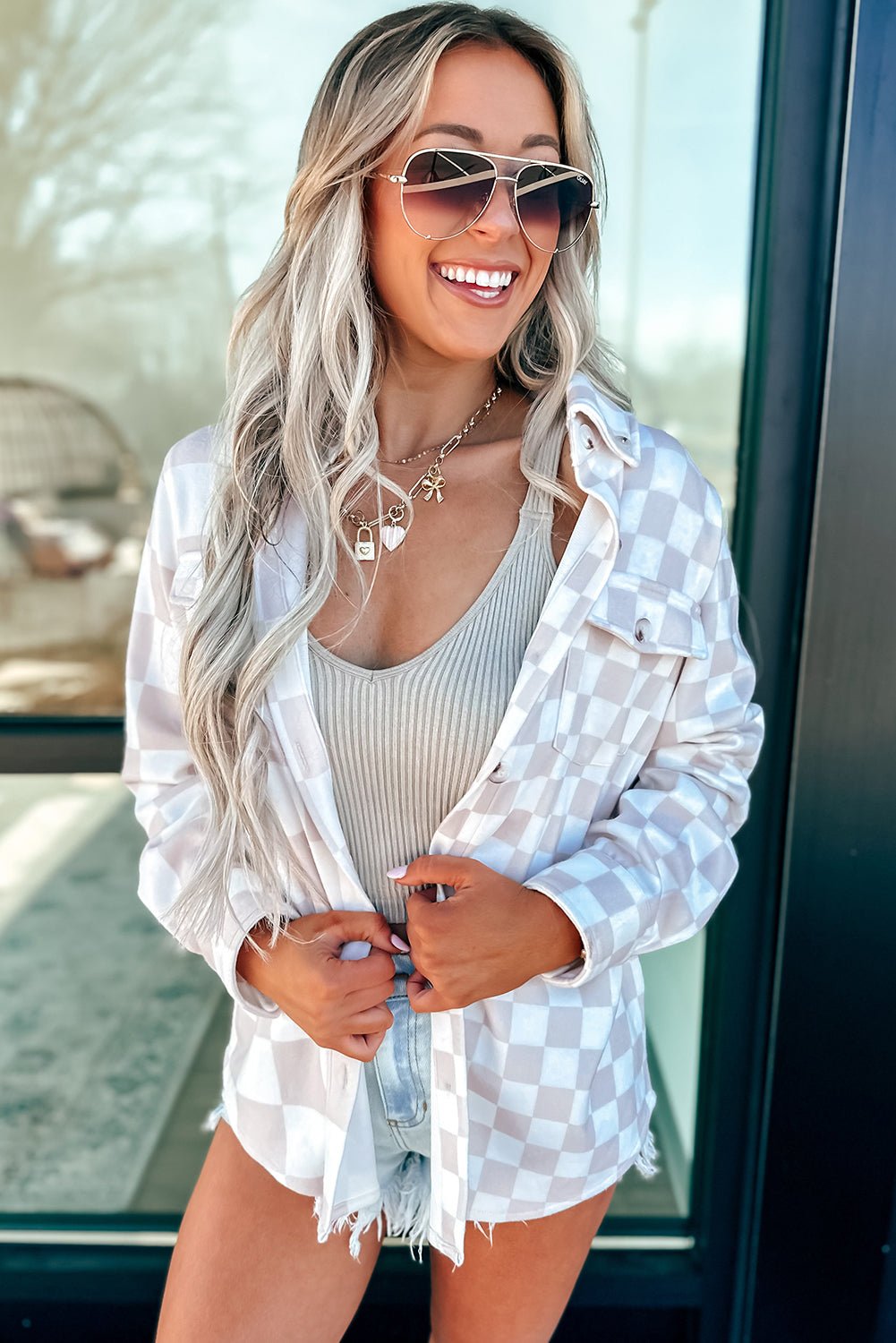 Khaki Checkerboard Flap Pocket Button Front Shacket - Crowned Energy CO.