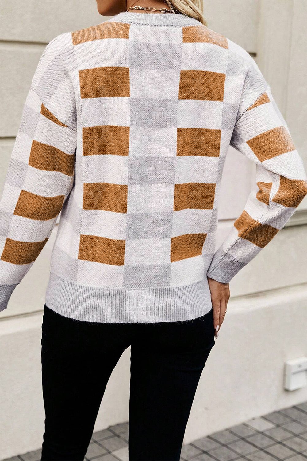 Khaki Checkered Ribbed Edge O Neck Drop Shoulder Sweater - Crowned Energy CO.