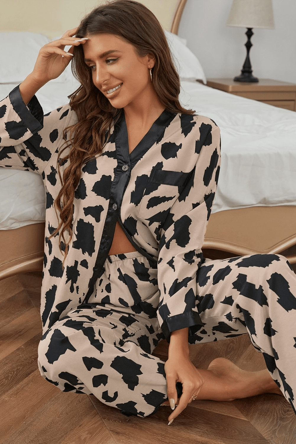 Crowned Energy CO. Khaki / S / 100%Polyester Dear-Lover Dropshipping Loungewear & Sleepwear/Sleepwear Khaki Cheetah Contrast Trim Loose Fit Two Piece Sleepwear