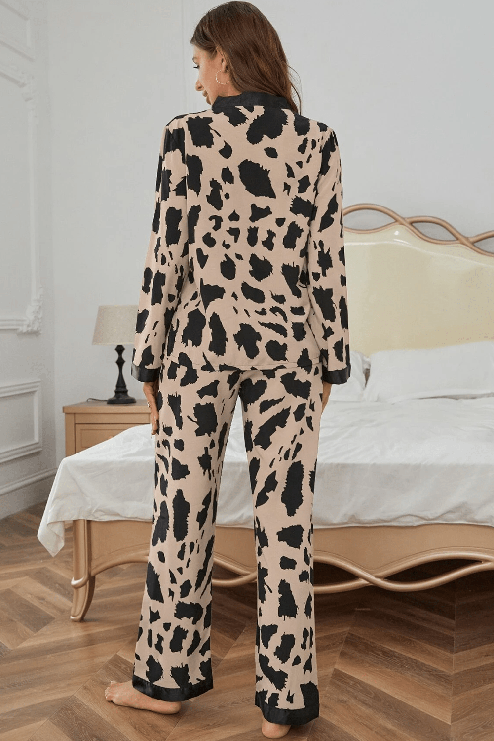 Crowned Energy CO. Khaki / S / 100%Polyester Dear-Lover Dropshipping Loungewear & Sleepwear/Sleepwear Khaki Cheetah Contrast Trim Loose Fit Two Piece Sleepwear