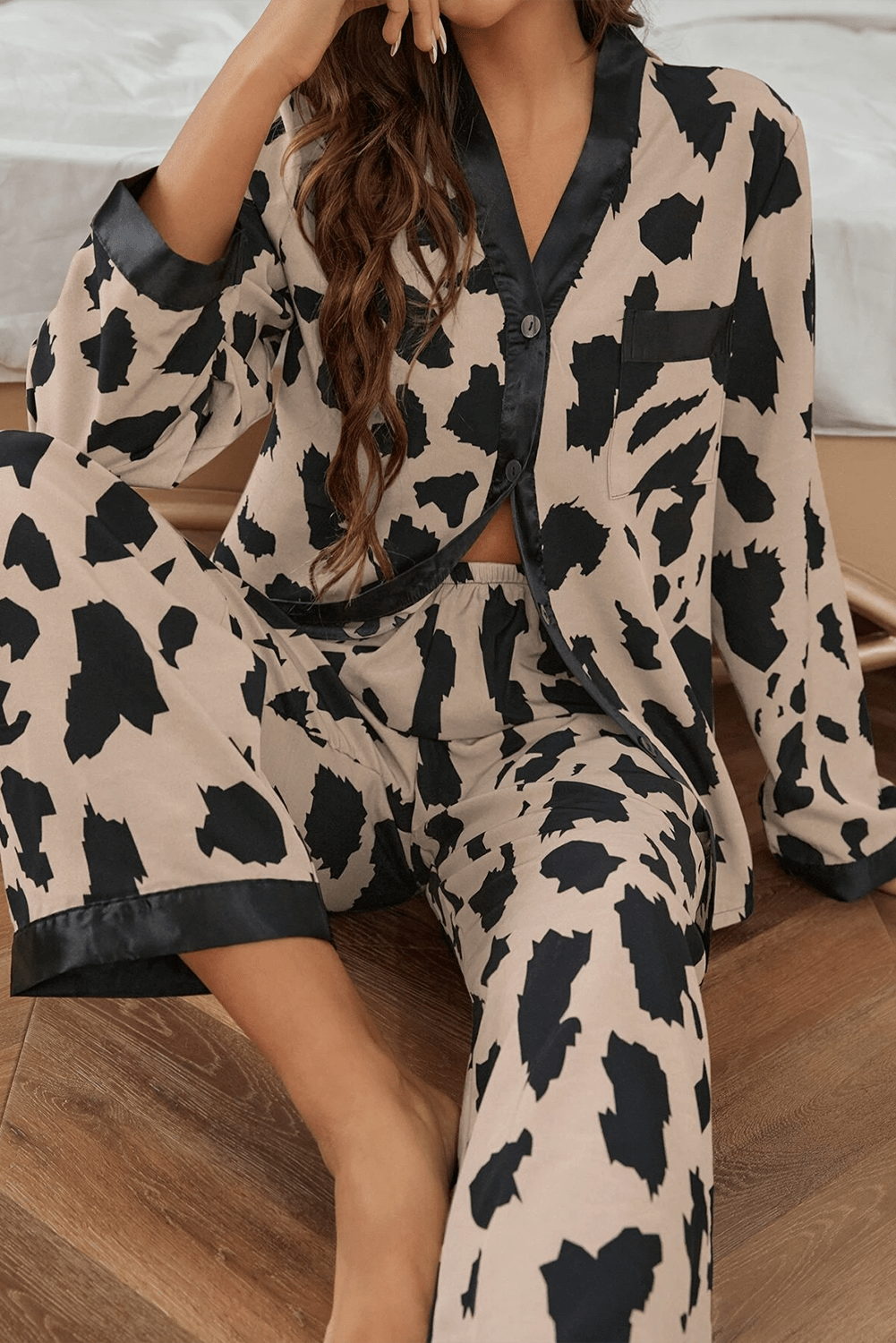 Crowned Energy CO. Khaki / S / 100%Polyester Dear-Lover Dropshipping Loungewear & Sleepwear/Sleepwear Khaki Cheetah Contrast Trim Loose Fit Two Piece Sleepwear