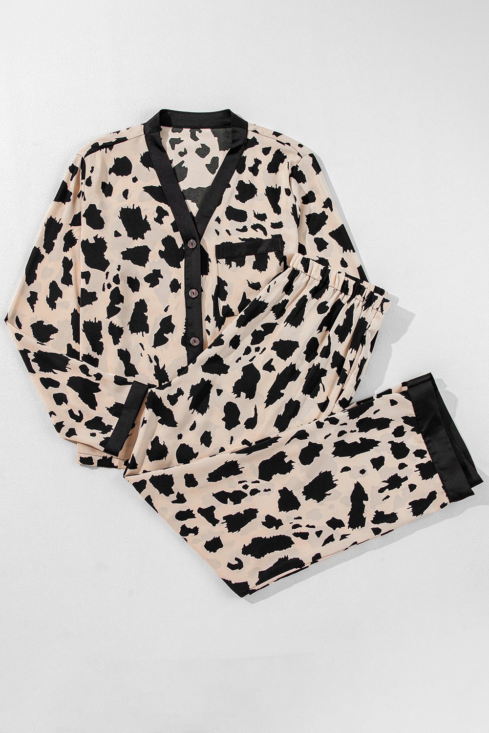 Crowned Energy CO. Khaki / S / 100%Polyester Dear-Lover Dropshipping Loungewear & Sleepwear/Sleepwear Khaki Cheetah Contrast Trim Loose Fit Two Piece Sleepwear
