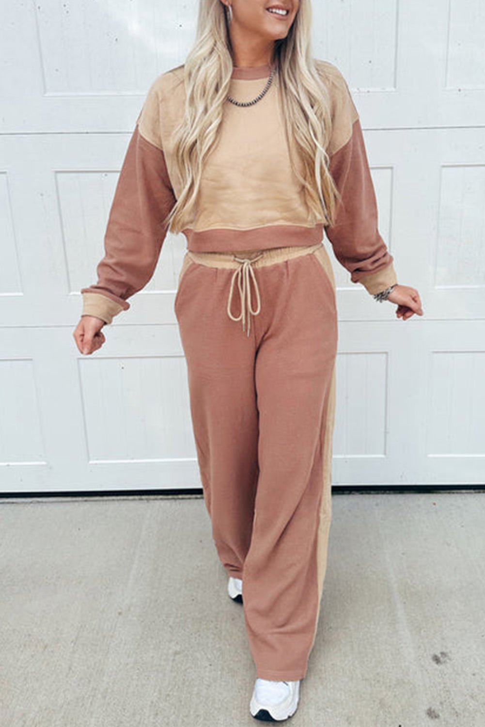 Crowned Energy CO. Khaki / S / 65%Polyester+35%Cotton Dear-Lover Dropshipping Two Piece Sets/Pant Sets Khaki Color Block Long Sleeve Crop Top Drawstring Pant Set