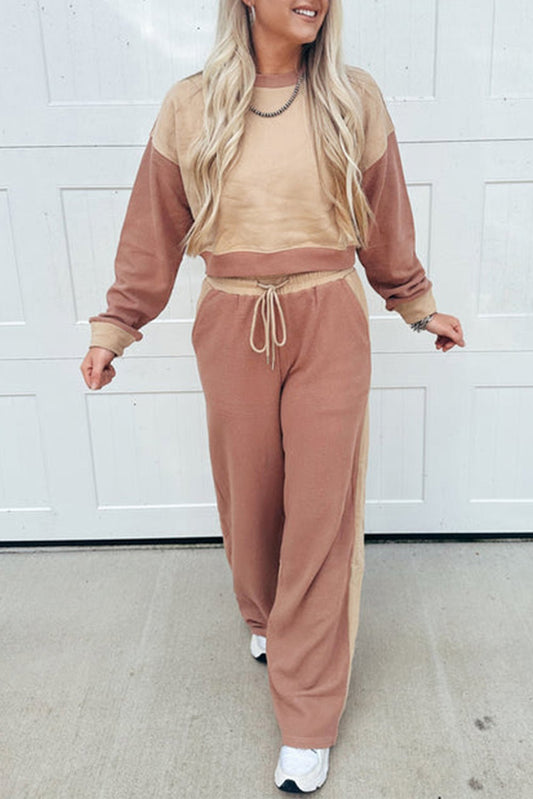 Crowned Energy CO. Khaki / S / 65%Polyester+35%Cotton Dear-Lover Dropshipping Two Piece Sets/Pant Sets Khaki Color Block Long Sleeve Crop Top Drawstring Pant Set