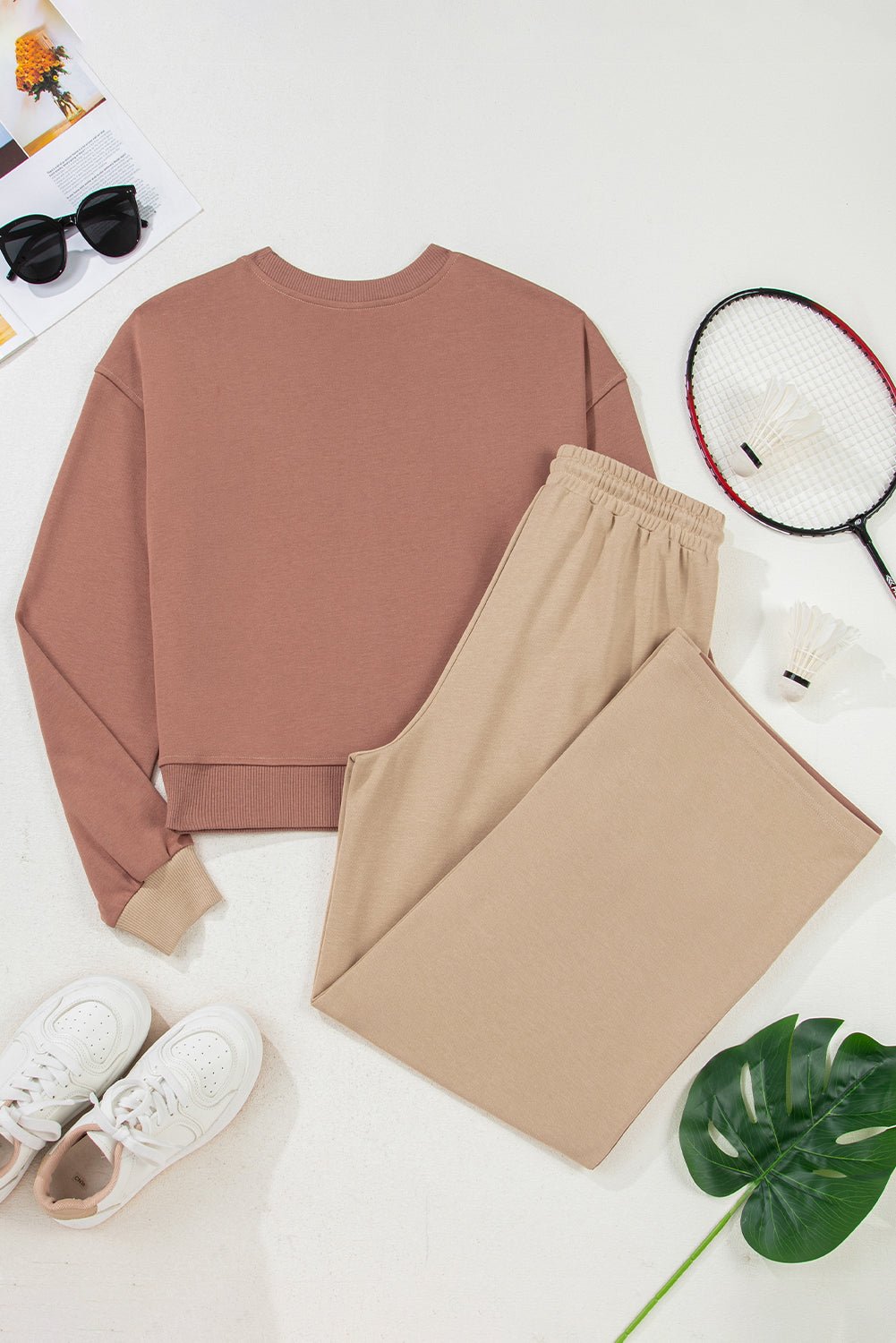 Crowned Energy CO. Khaki / S / 65%Polyester+35%Cotton Dear-Lover Dropshipping Two Piece Sets/Pant Sets Khaki Color Block Long Sleeve Crop Top Drawstring Pant Set