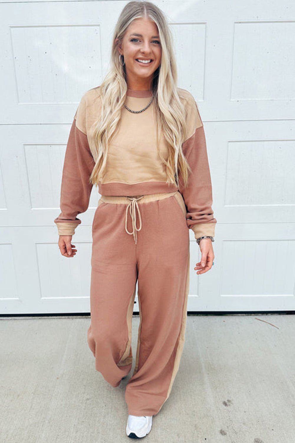 Crowned Energy CO. Khaki / S / 65%Polyester+35%Cotton Dear-Lover Dropshipping Two Piece Sets/Pant Sets Khaki Color Block Long Sleeve Crop Top Drawstring Pant Set