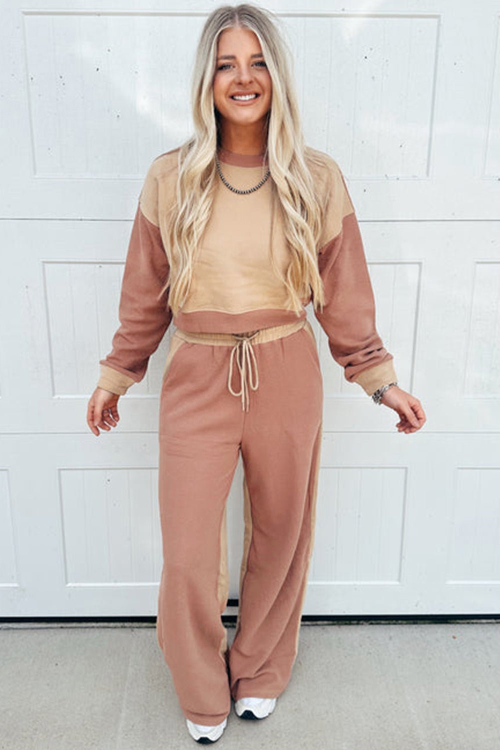 Crowned Energy CO. Khaki / S / 65%Polyester+35%Cotton Dear-Lover Dropshipping Two Piece Sets/Pant Sets Khaki Color Block Long Sleeve Crop Top Drawstring Pant Set