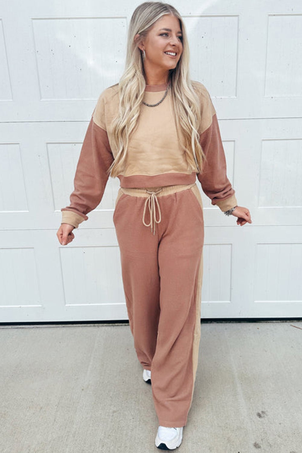 Crowned Energy CO. Khaki / S / 65%Polyester+35%Cotton Dear-Lover Dropshipping Two Piece Sets/Pant Sets Khaki Color Block Long Sleeve Crop Top Drawstring Pant Set