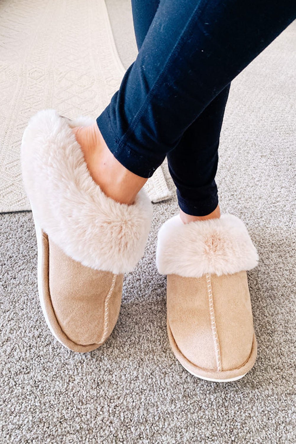 Khaki Cut and Sew Faux Suede Plush Lined Slippers - Crowned Energy CO.