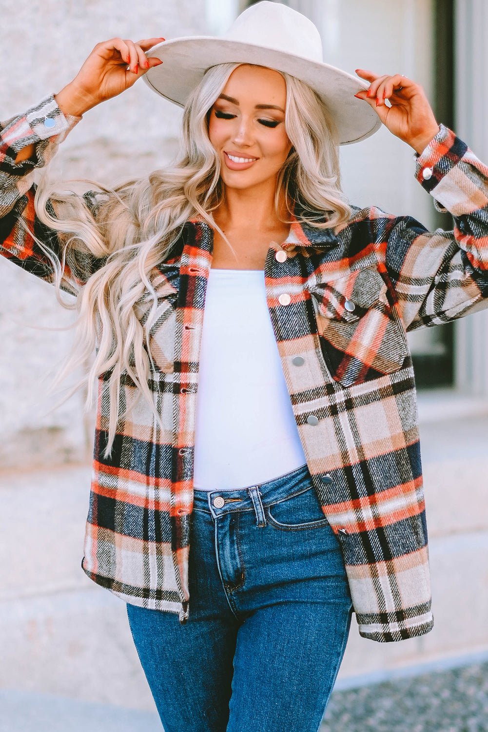 Khaki Geometric Plaid Print Pocketed Shacket - Crowned Energy CO.