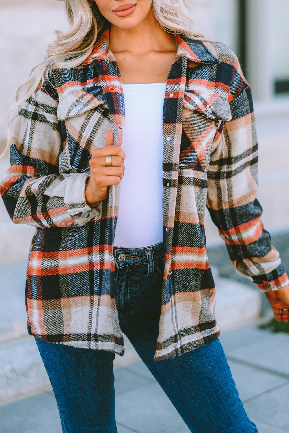 Khaki Geometric Plaid Print Pocketed Shacket - Crowned Energy CO.