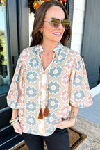 Khaki Geometric Print Tassel Tie Split Neck Balloon Sleeve Blouse - Crowned Energy CO.