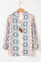 Khaki Geometric Print Tassel Tie Split Neck Balloon Sleeve Blouse - Crowned Energy CO.