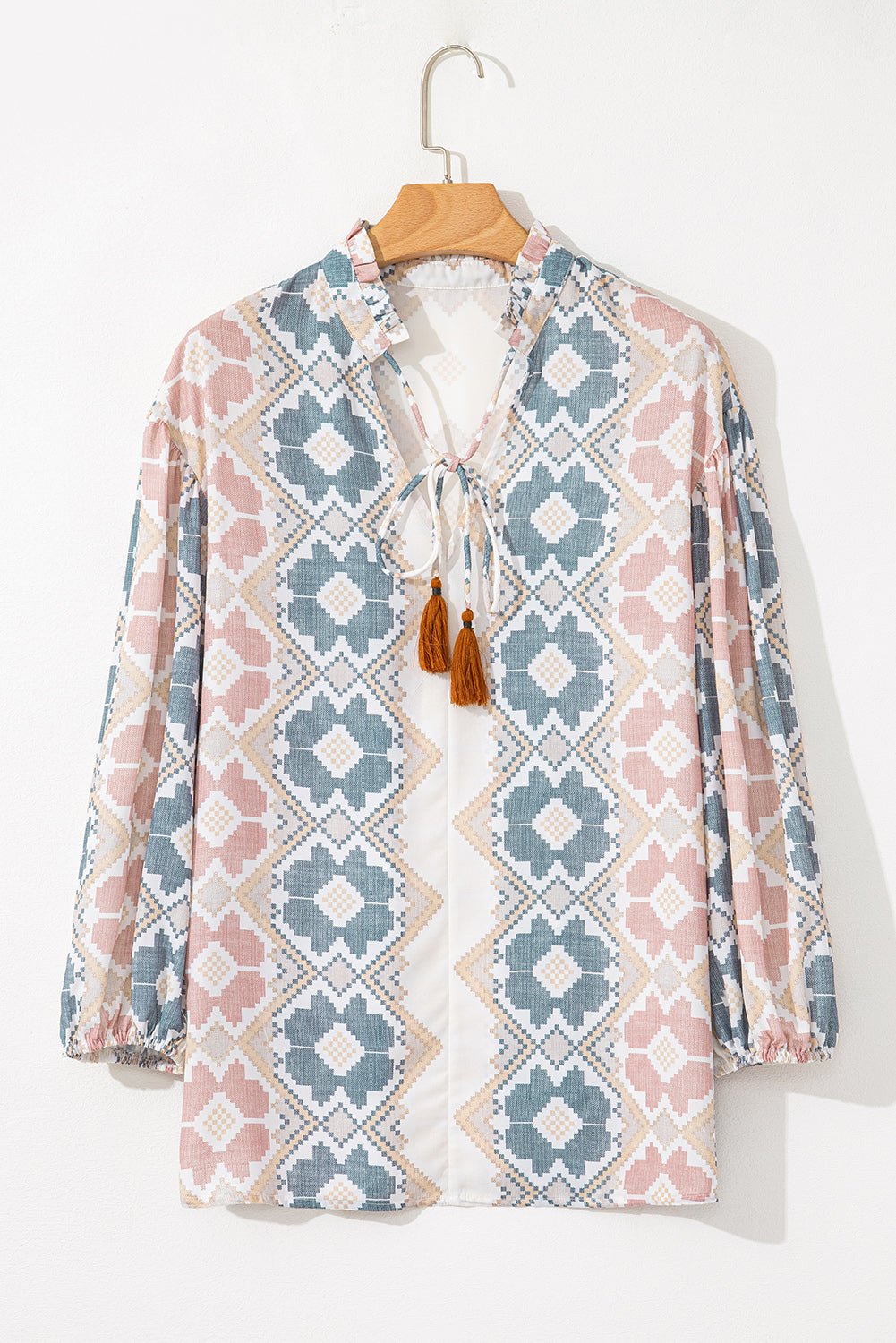 Khaki Geometric Print Tassel Tie Split Neck Balloon Sleeve Blouse - Crowned Energy CO.