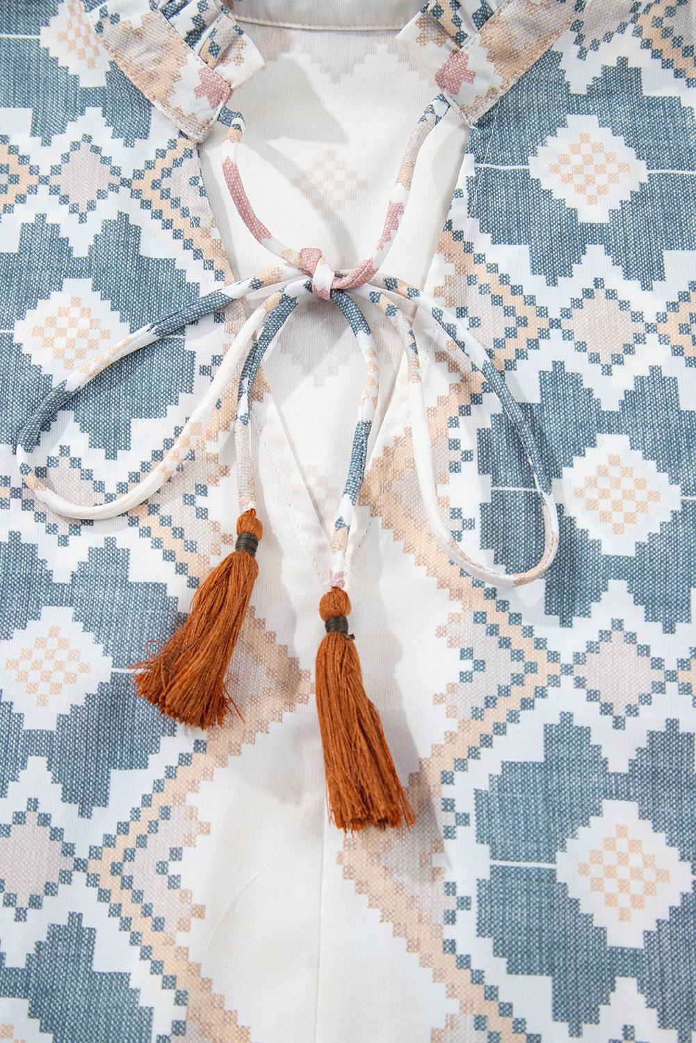 Khaki Geometric Print Tassel Tie Split Neck Balloon Sleeve Blouse - Crowned Energy CO.