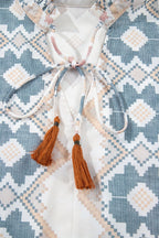 Khaki Geometric Print Tassel Tie Split Neck Balloon Sleeve Blouse - Crowned Energy CO.