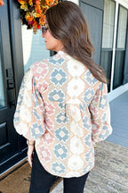 Khaki Geometric Print Tassel Tie Split Neck Balloon Sleeve Blouse - Crowned Energy CO.