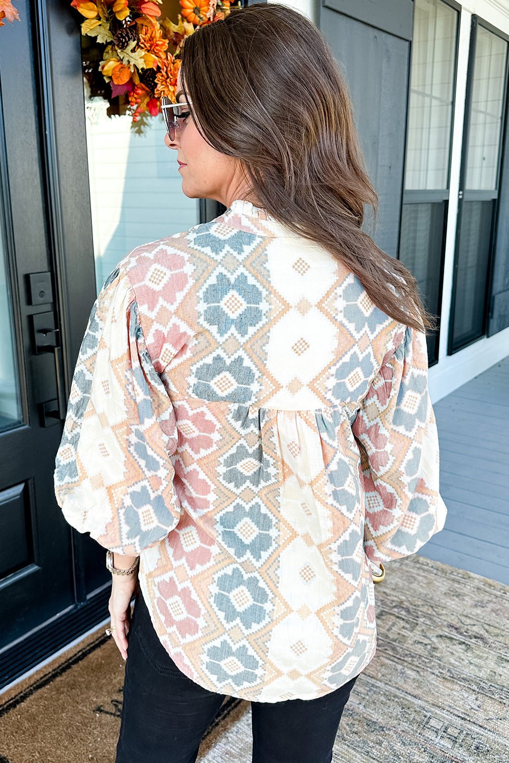 Khaki Geometric Print Tassel Tie Split Neck Balloon Sleeve Blouse - Crowned Energy CO.