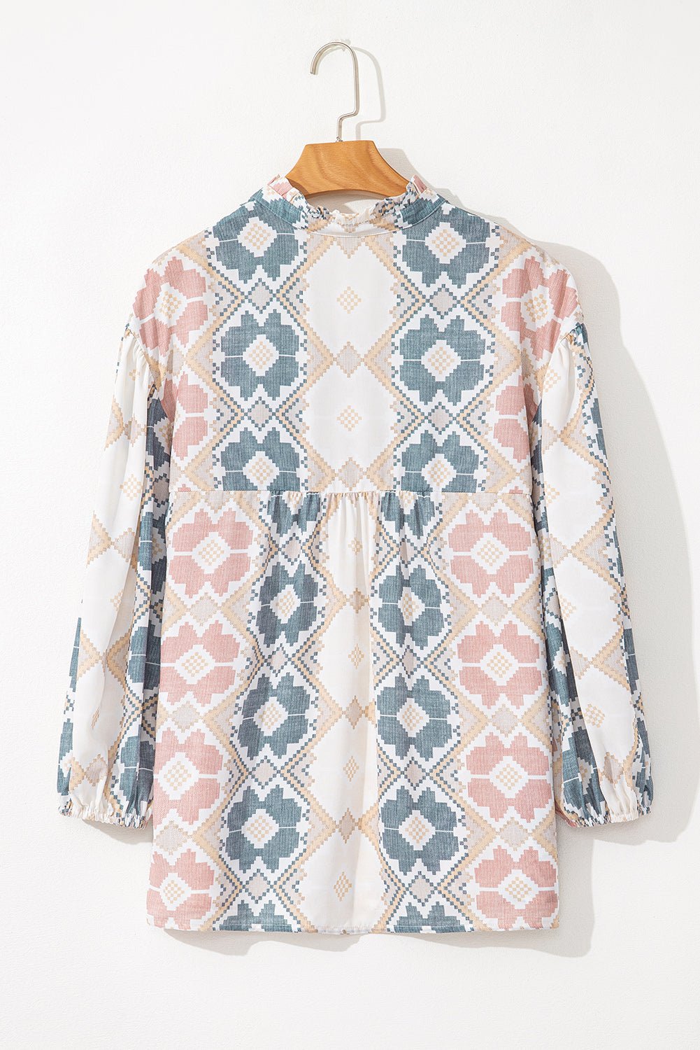 Khaki Geometric Print Tassel Tie Split Neck Balloon Sleeve Blouse - Crowned Energy CO.