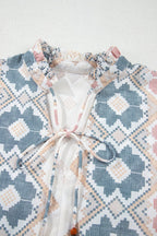 Khaki Geometric Print Tassel Tie Split Neck Balloon Sleeve Blouse - Crowned Energy CO.